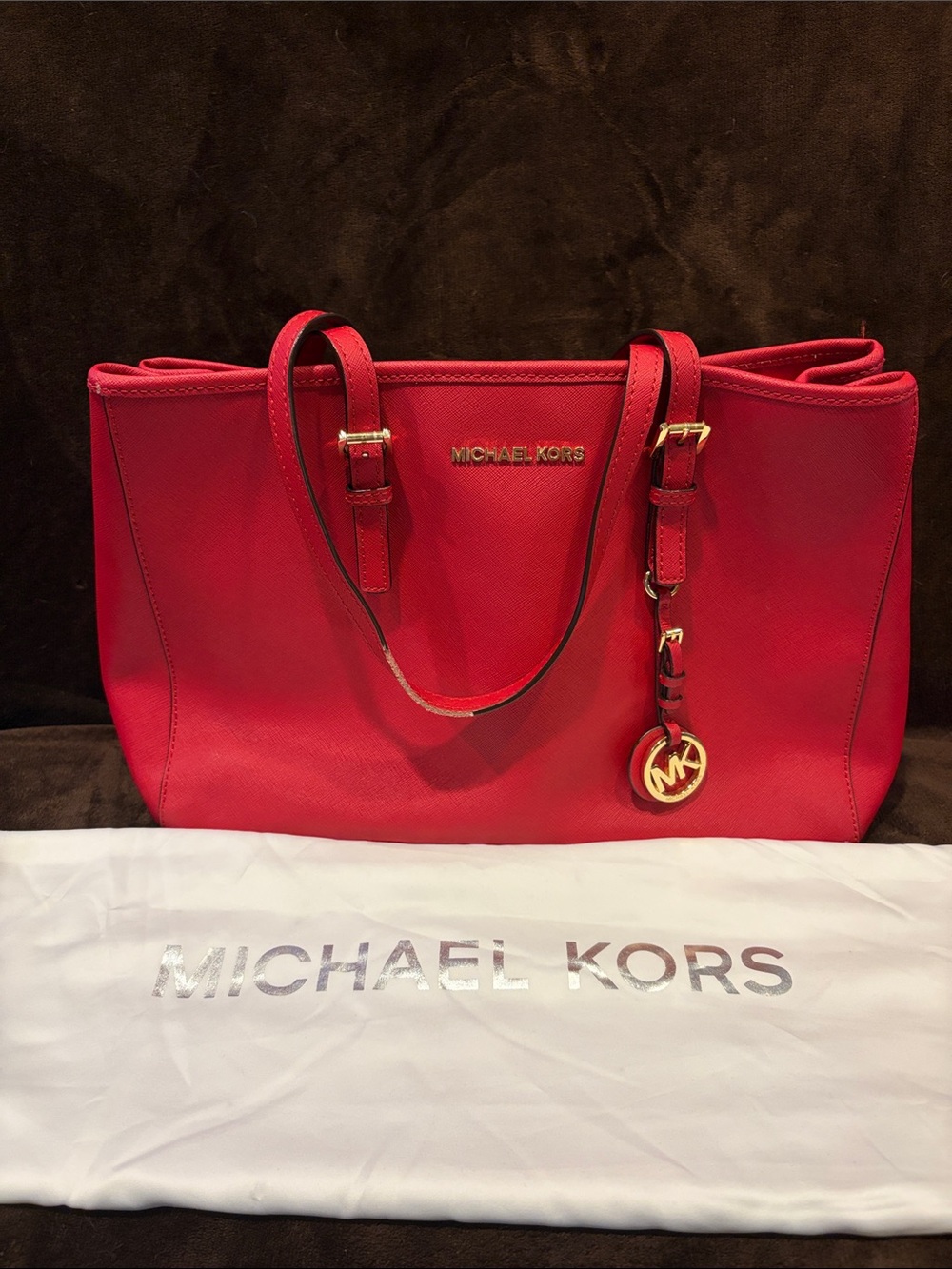 Michael Kors Red Saffiano Tote with Gold Hardware